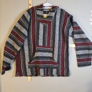 Iguana Jack Earth Ragz Baja Hoodie XL Burgundy Black Striped‎ Mexican Rug